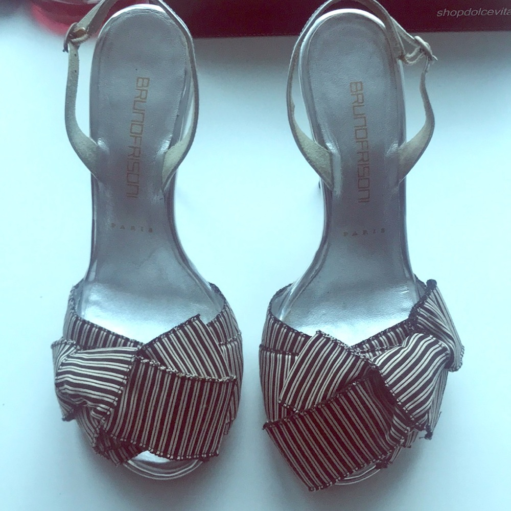Bruno Frisoni silver striped bow pumps